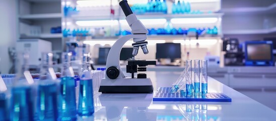 Futuristic medical research laboratory with microscope and test tubes on the desk. AI generated