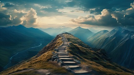 Path of person success on mountains. Mountain climbing progress route to peak. Business journey. Generative AI. - obrazy, fototapety, plakaty