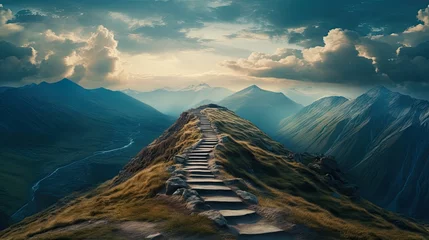 Fotobehang Path of person success on mountains. Mountain climbing progress route to peak. Business journey. Generative AI. © Gosgrapher