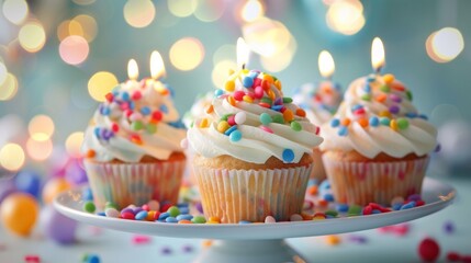 Tasty birthday cupcakes with candles on stand against blurred lights closeup   