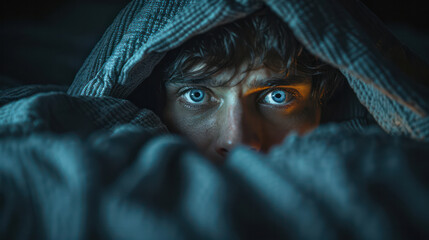 A man under blanket scared expression.