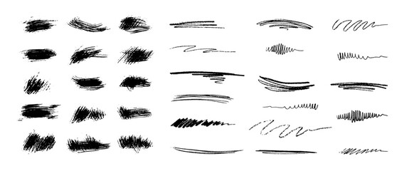 Hand-drawn vector brush underline element set for accent, crayon texture emphasis element and blots, spots. Crayon brush stroke color underline. Сhalk vector illustration.