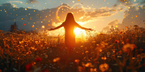 Silhouette of a woman surrounded by flowers at sunset - obrazy, fototapety, plakaty