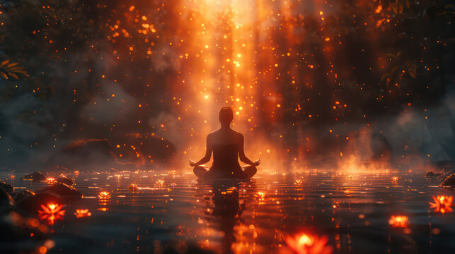 Woman sitting in yoga pose, lotus flowers, bokeh, gorgeous gradient dark color Abstract cosmic background for meditations grading.