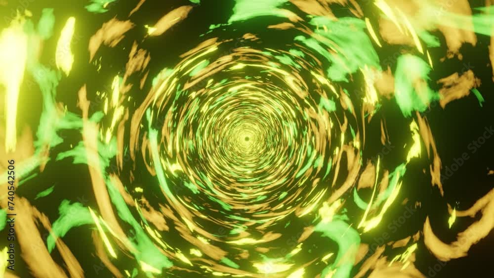 Wall mural 4k video of abstract sci-fi yellow and green random patterns motion graphics in a circular shape tun