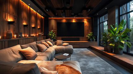 A before and after image of a home theater showcasing the integration of a stateoftheart sound system and automated dimmable lighting creating the ultimate moviewatching experience