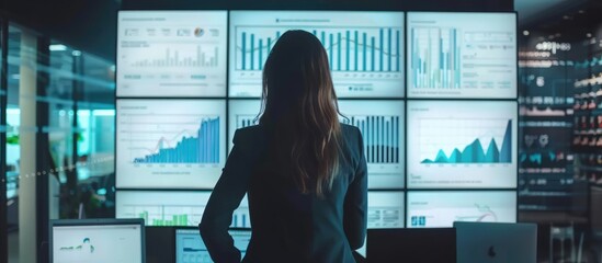 Businesswoman present use big screen to show data analysis in meeting room office. AI generated