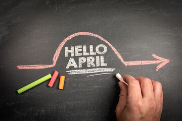 HELLO APRIL. Text on a dark chalkboard background