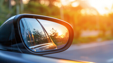 The rear view mirror of a car - obrazy, fototapety, plakaty