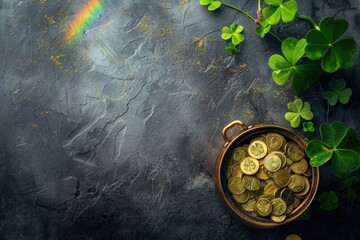 Pot of gold coins, clover leaves, rainbow. St. Patrick's day background