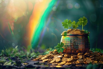 Pot of gold coins, clover leaves, rainbow. St. Patrick's day background - obrazy, fototapety, plakaty