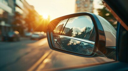 The rear view mirror of a car - obrazy, fototapety, plakaty