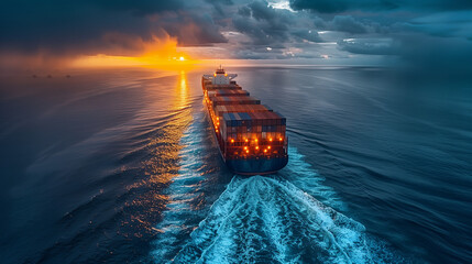 Aerial view of business logistic import and export freight transportation by container ship - obrazy, fototapety, plakaty