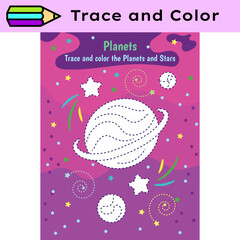 Pen tracing lines activity worksheet for children. Pencil control for kids practicing motoric skills. Planets educational printable worksheet. Vector illustration. - 740543191