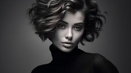 Fototapeta premium Black and white fashion art studio portrait of beautiful elegant woman in black turtleneck. Hair is collected in high beam. Elegant ballet style