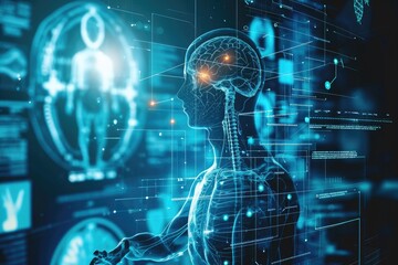 Futuristic Image of a Human Head and Body With Technological Enhancements, Conceptual image of technological advancements in healthcare, AI Generated