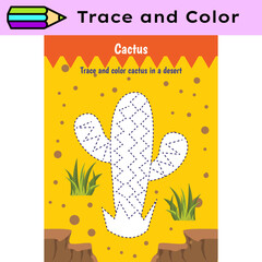 Pen tracing lines activity worksheet for children. Pencil control for kids practicing motoric skills. Cactus educational printable worksheet. Vector illustration. - 740543392