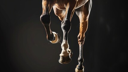 Closeup of a horse's legs in a jump on a black background. Animal in motion