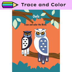 Pen tracing lines activity worksheet for children. Pencil control for kids practicing motoric skills. Owls educational printable worksheet. Vector illustration. - 740543725