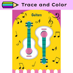 Pen tracing lines activity worksheet for children. Pencil control for kids practicing motoric skills. Guitars educational printable worksheet. Vector illustration. - 740543792