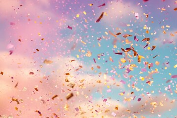 A large quantity of vibrant and festive confetti being thrown into the air during a joyous celebration, Confetti in shades of pink and gold falling from the sky, AI Generated