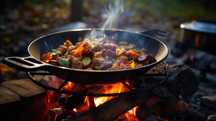 Cooking in a pot over campfire - obrazy, fototapety, plakaty