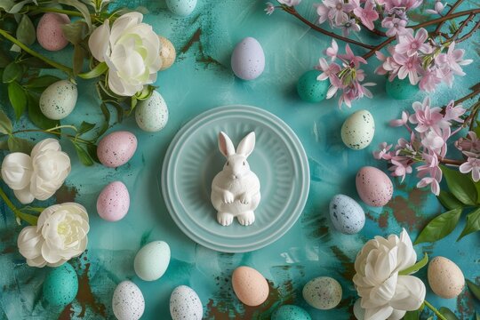 Happy Easter Eggs Basket easter monday festivals. Bunny hopping in flower dahlias decoration. Adorable hare 3d church rabbit illustration. Holy week easter hunt Easter egg art card Rose Champagne - Powered by Adobe