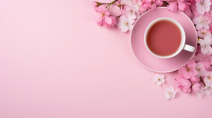 Cup of tea with fresh flowers on pink background. Top view. Copy space - obrazy, fototapety, plakaty