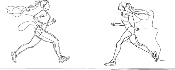 Continuous one drawn line silhouette of running athlete girl runner