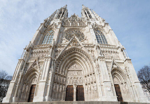 Wide angle view of newly renovated neo-Gothic Votive Church (Votivkirche) located on the Ringstrasse in Vienna, Austria