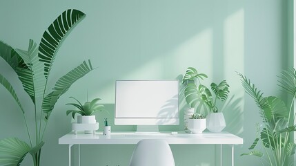 Minimalist home office featuring a white desk and plants, ultra realistic photography