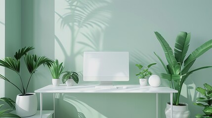 Minimalist home office featuring a white desk and plants, ultra realistic photography