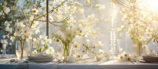 Elegant dining table set with fresh flowers in a vase and delicious food plate