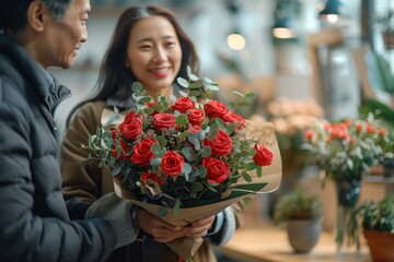 Fototapeta premium International Women's Day Celebration: Men Presenting Flowers to Women in Office