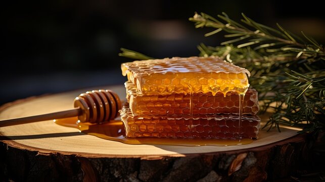 Famous Marmaris (Turkey) pine honey comb and liquid honey on surface imitating wood  with cones. Photo toned
