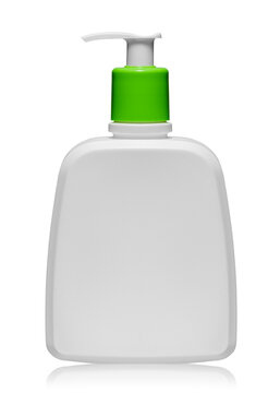 Biały plastikowy pojemnik z dozownikiem, opakowanie na krem, szampon lub mydło.
