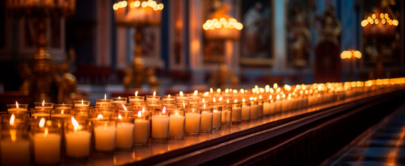 Fototapeta na wymiar Rows of glowing candles in a serene church setting evoke a mood of tranquility and reverence, suitable for spiritual themes