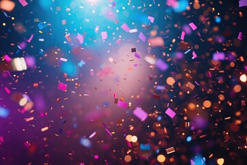 A vibrant assortment of confetti in various colors spreads across a vibrant purple and blue background, Confetti particles reflecting bright lights in a discotheque, AI Generated