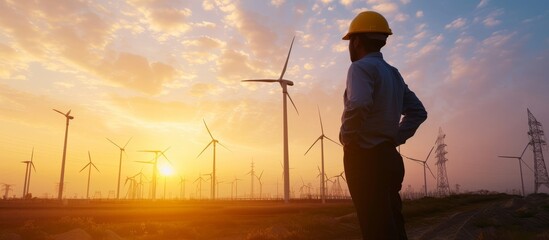 A male engineer standing confidently next to a row of towering wind turbines in a wind farm - obrazy, fototapety, plakaty