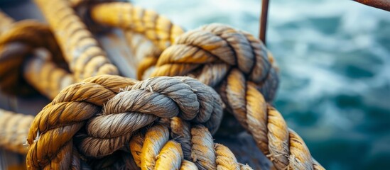 Ropes and knots on a traditional wooden boat floating in calm blue waters under the sunny sky - obrazy, fototapety, plakaty