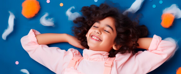 Obraz na płótnie Canvas Happy young girl lying on blue background, Expresses joy, innocence, and carefree childhood