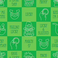 St Patricks Day funny seamless pattern with a checkered green background and cute hand-drawn Irish holiday quotes, icons, symbols, and elements.