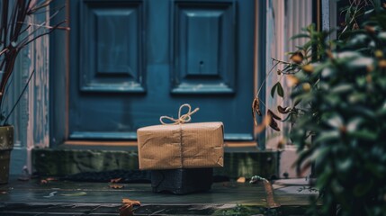 The parcel is lying in front of the front door. Delivery service, post office.