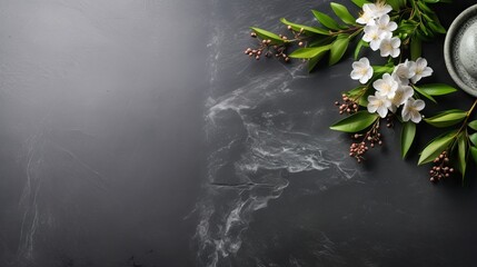 Naklejka premium Green japanese tea on stone table. Top view with copy space