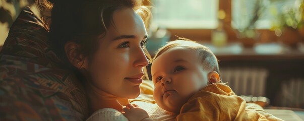 A loving mother gazes affectionately at her baby, sharing a tender and intimate moment of familial love and connection.