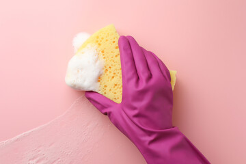 Cleaner in rubber glove holding sponge with foam on pink background, top view.