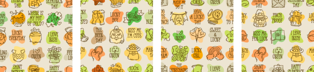 St Patricks Day funny seamless pattern background quotes and cute hand-drawn Irish holiday icons, symbols, and elements.