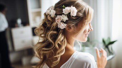 Hair stylist or florist makes the bride a wedding hairstyle with fresh cotton flowers - obrazy, fototapety, plakaty