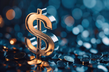 Golden US dollar 3d sign on glittering background with abstract coins