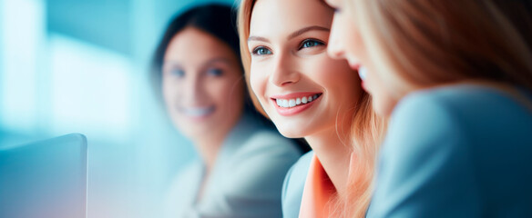 Three professional women smiling, Positive work environment with teamwork and engagement in a modern office - obrazy, fototapety, plakaty